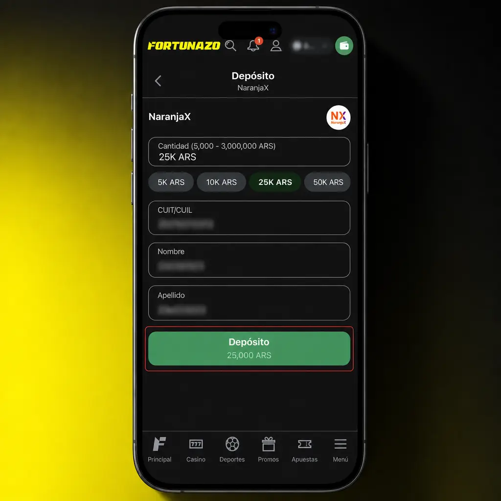 Cupón de apuestas en Fortunazo Casino para elegir deporte, mercado, monto y confirmar jugada
