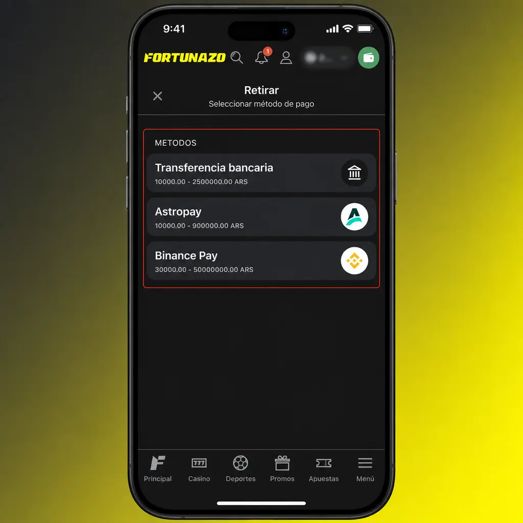 Pantalla de Fortunazo con pasos para retirar dinero: perfil, identidad aprobada, método, importe e historial