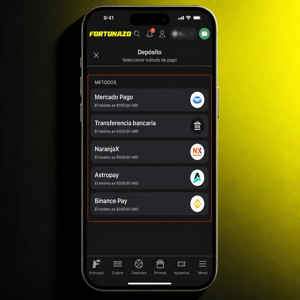 Pantalla de depósito en la app con métodos en Argentina y carga de importe en ARS