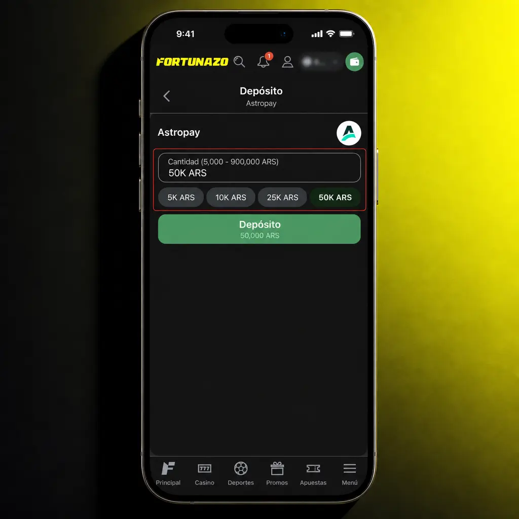 Pantalla de la app para depositar en ARS con Mercado Pago, transferencia, NaranjaX, AstroPay o Binance Pay