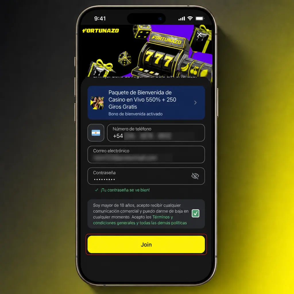 Pantalla para activar bono de bienvenida con 550% en casino, 250 giros gratis y apuestas gratis
