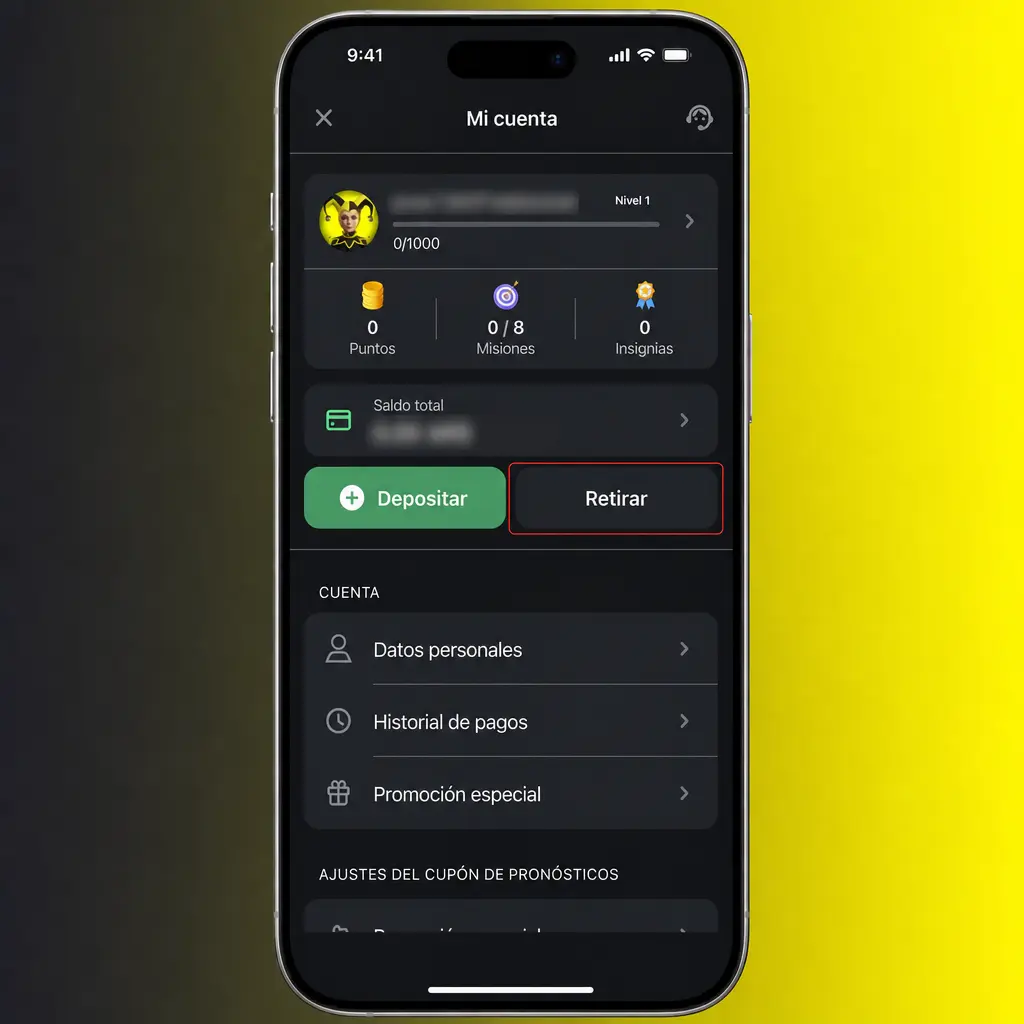 Pantalla de app con pasos para retirar fondos en ARS mediante transferencia bancaria y seguimiento del historial
