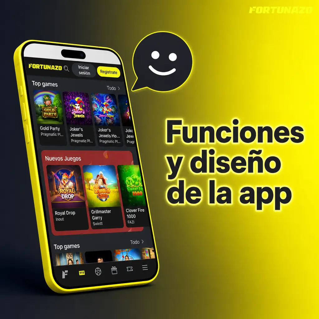 Interfaz móvil de Fortunazo con fondo oscuro, amarillo neón, cuotas, casino y cupón de apuestas