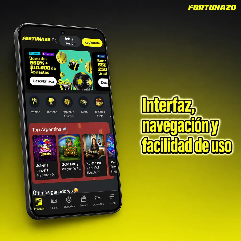 Interfaz móvil de apuestas con navegación a deportes, casino, promociones y cuenta