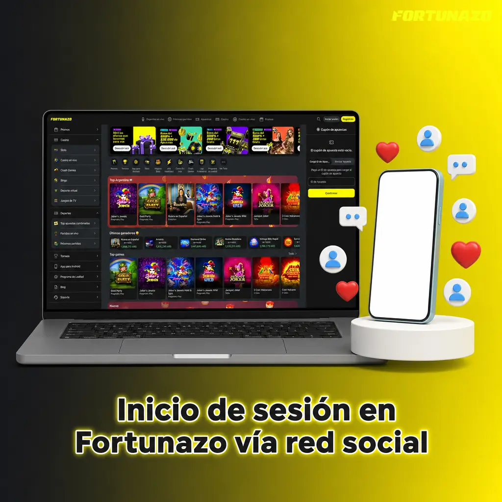 Pantalla de inicio de sesión en Fortunazo con íconos de redes sociales como Google y Telegram