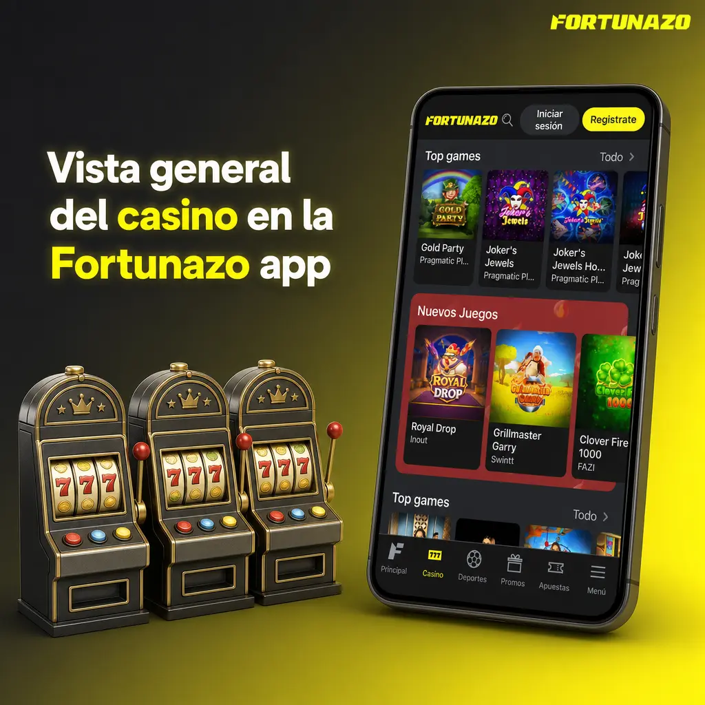 Vista del casino móvil en la app Fortunazo con tragamonedas, juegos en vivo y menú táctil